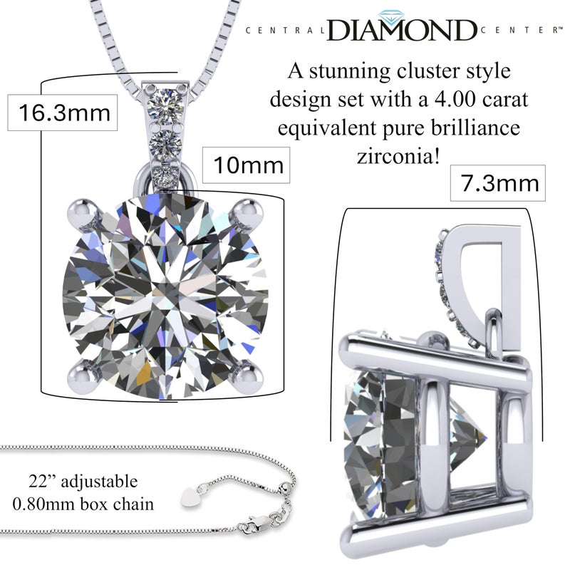 Central Diamond Center 4 Prong Round Solitaire Simulated Diamond Necklace in Sterling Silver & Zirconia - 4.00ct White - Image 2